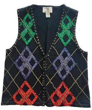 Vtg 90s SML Sport Womens Sz Medium Sequins Beads Christmas Holiday Cardigan Vest